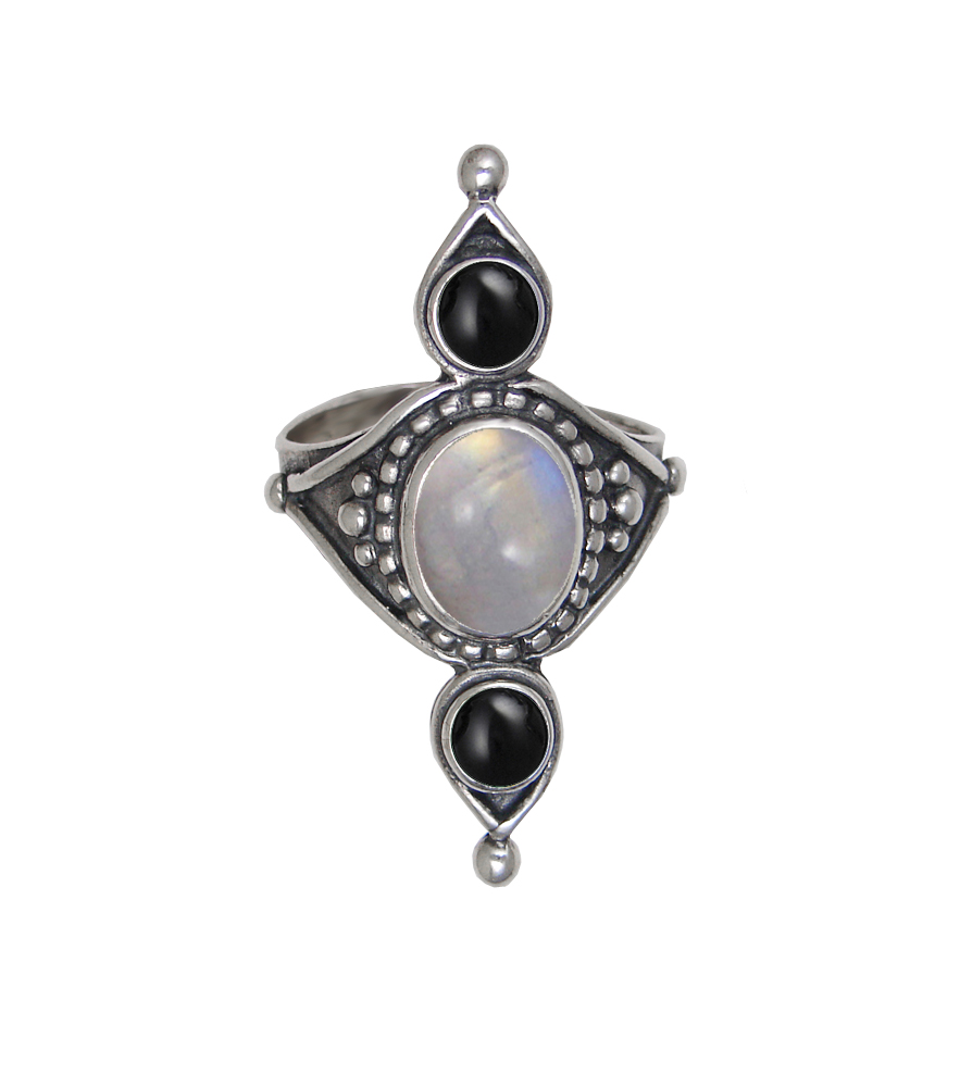 Sterling Silver Royal Ring With Rainbow Moonstone And Black Onyx Size 10